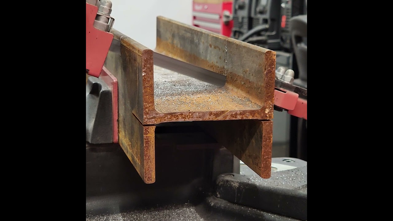 Cutting wide flange beam with a bandsaw.