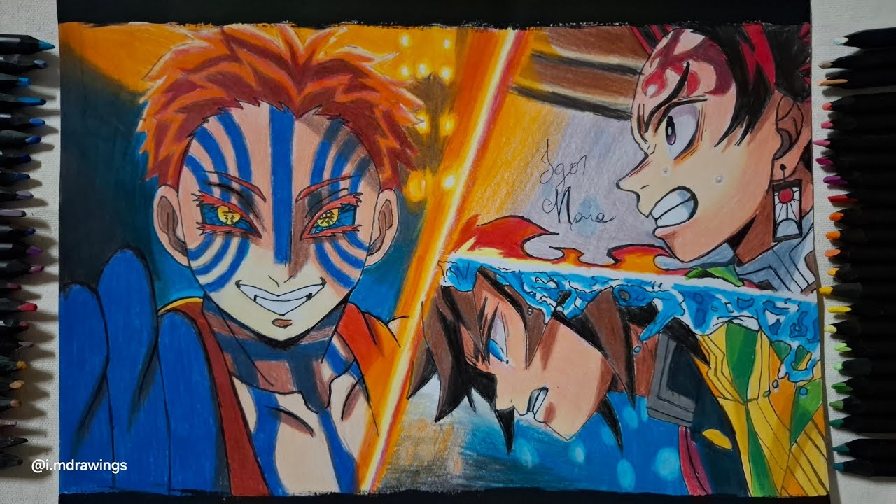 Desenhando Akaza Vs Tanjiro Kamado e Giyu Tomioka [Kimetsu no Yaiba]