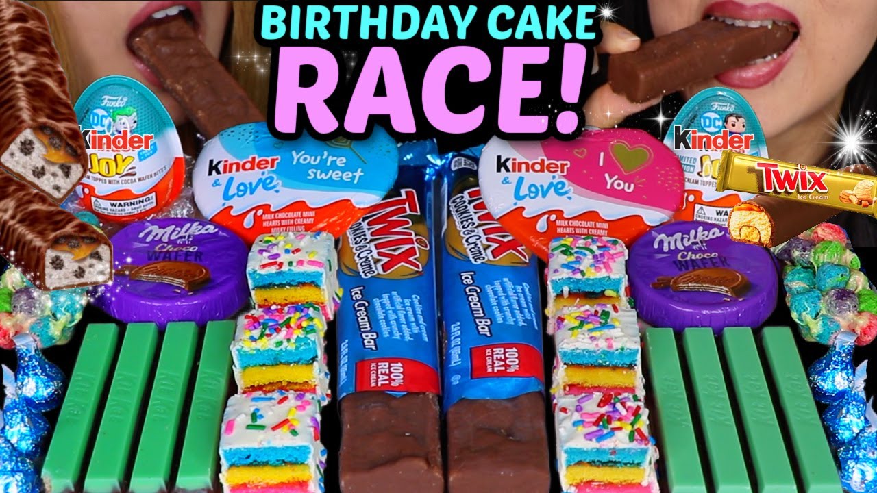 ASMR BIRTHDAY CAKE RACE! TWIX CANDY ICE CREAM BAR, RAINBOW CAKE POPS, KINDER EGGS, HERSHEY'S KISSES