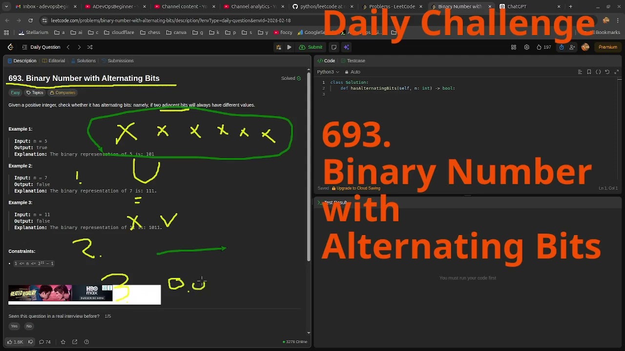 Leetcode Daily Challenge 693. Binary Number with Alternating Bits #python #dsa