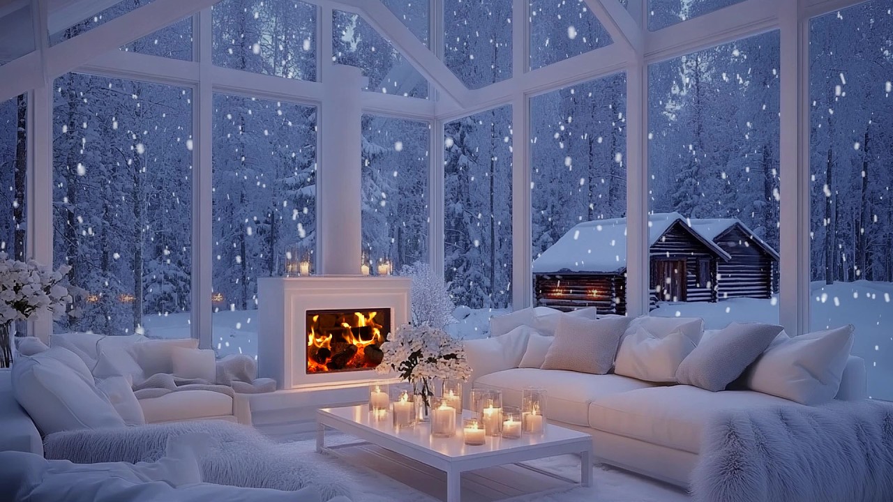 🌨️🔥 Peaceful Snow Piano Lounge Evening Mood | Fireplace Warmth & Flowers | Calm Focus Sleep
