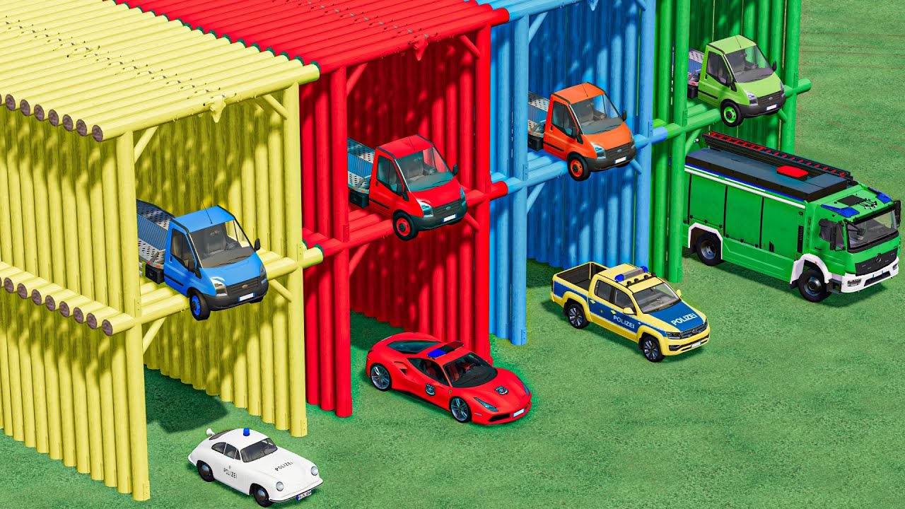 GARAGE with COLORS - TRANSPORTING POLICE CARS , TRUCKS | FS22