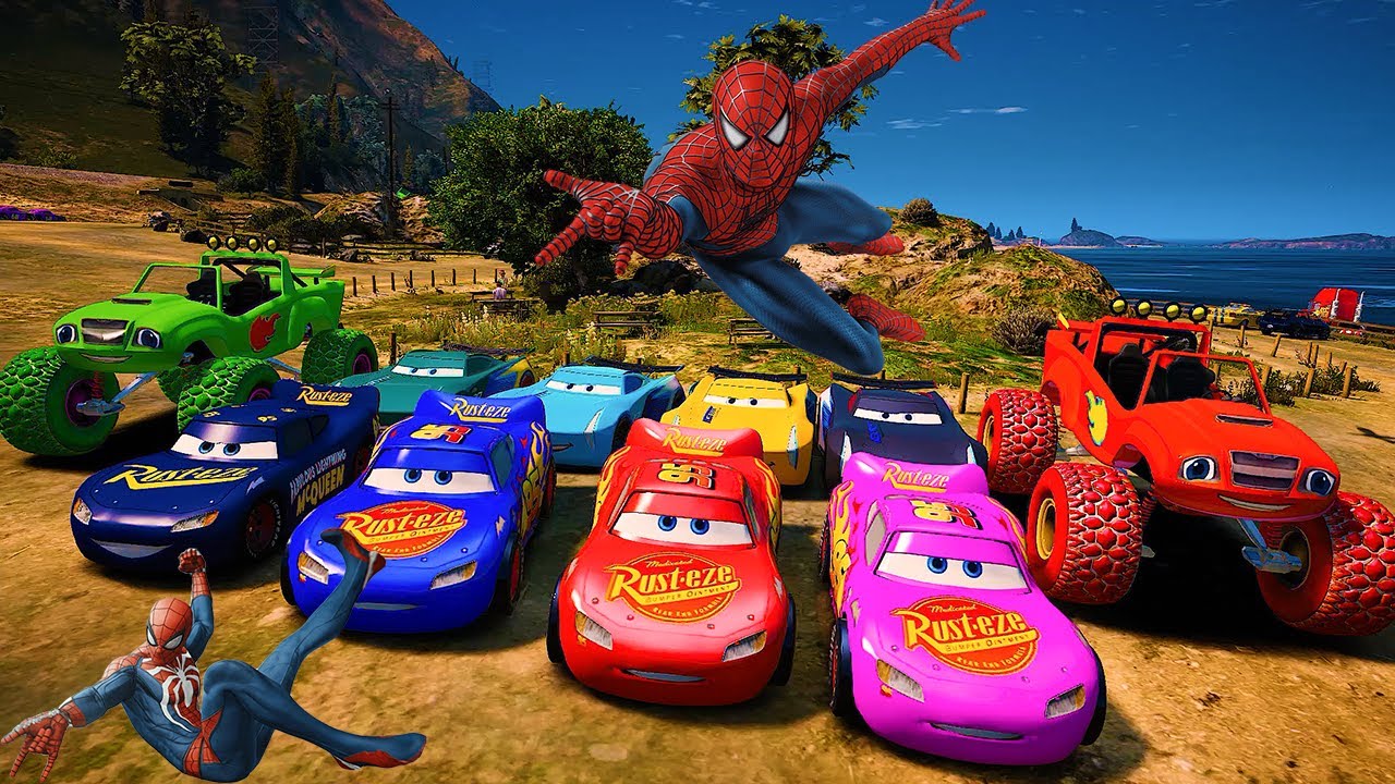 Gta 5 Spiderman Vs Train & Disney Cars Challenge McQueen Dinoco Fabulous Jackson Storm Epic Ragdolls