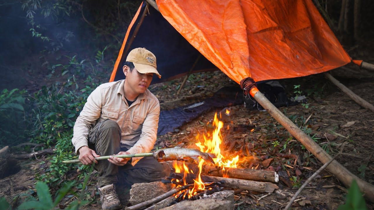 Solo Survival Camping After Getting Lost  Fishing & Fire Cooking