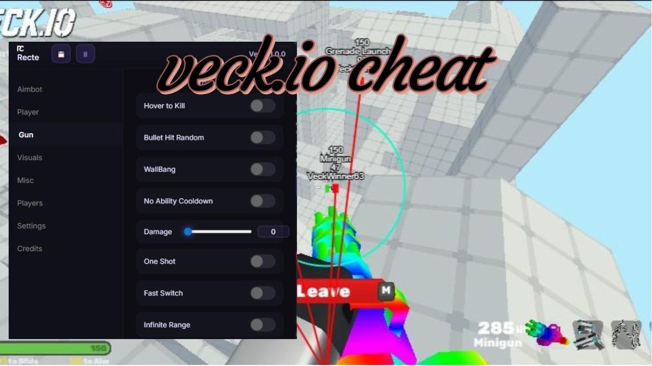 hack veck.io worked :aimbot , ifinite ammo , wall bang , fly , invisibility ,...