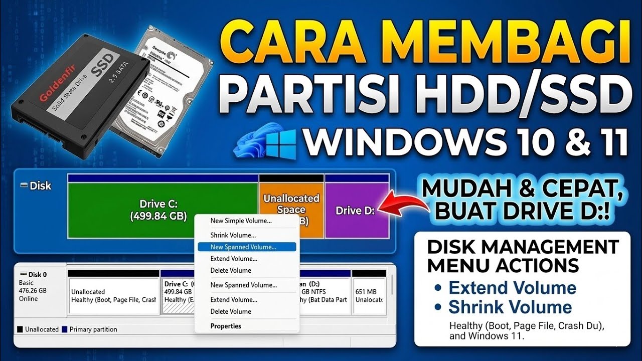 Cara Lengkap Partisi Hardisk atau SSD di Laptop dengan Mudah | Tutorial Partisi Disk D