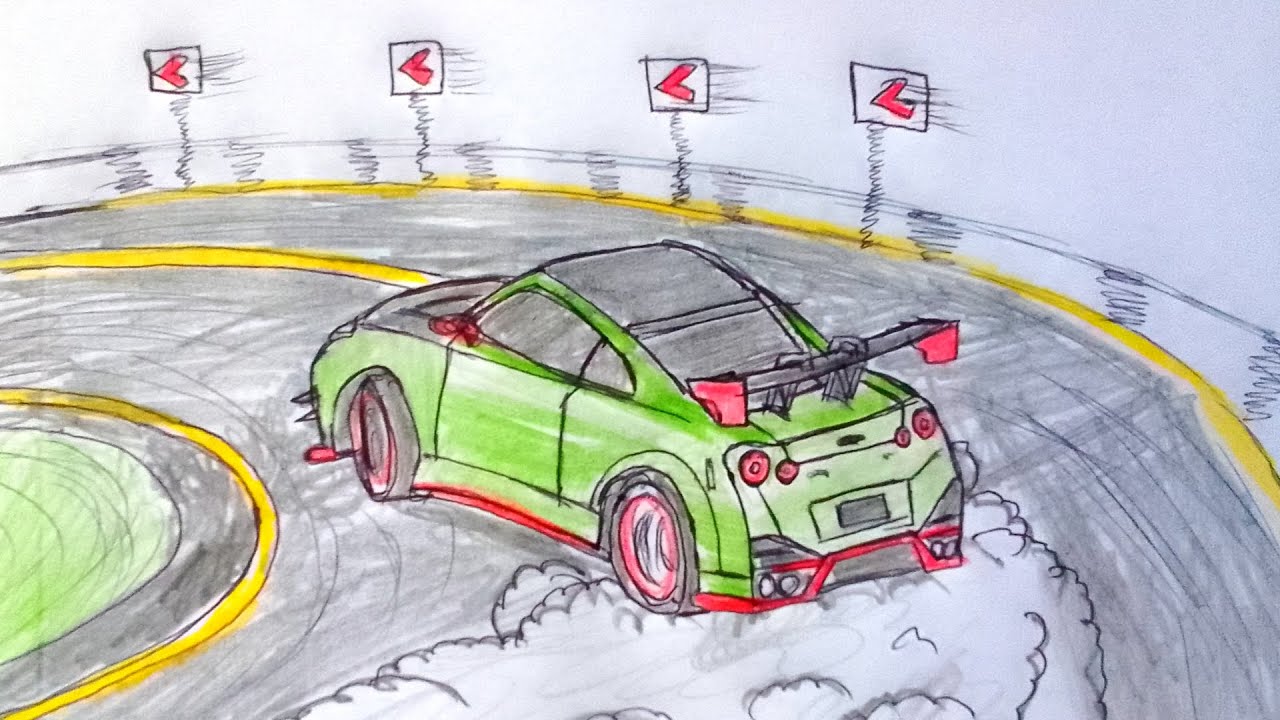 Drawing a GTR Drifting Car Sketch | How to draw a Nissan GT-R 