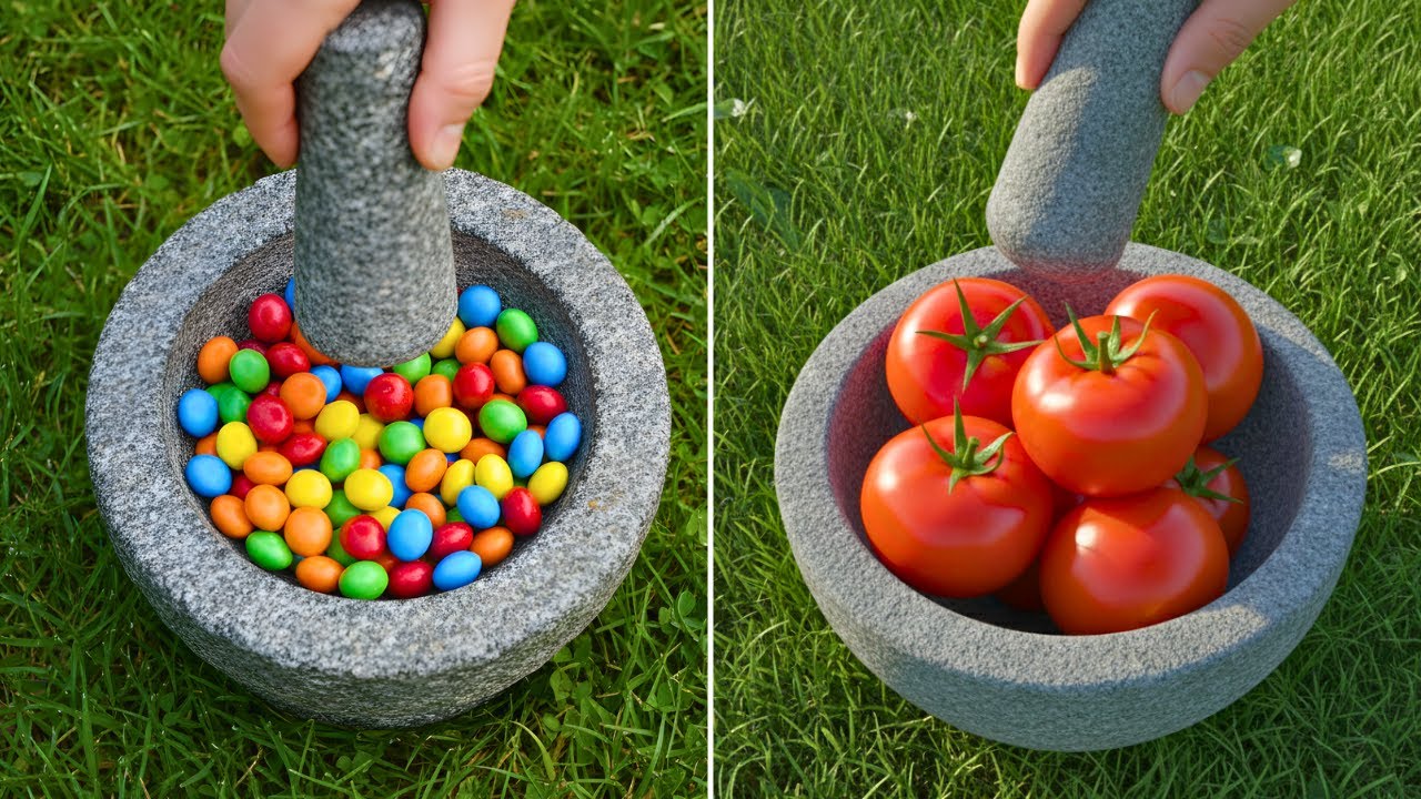 ASMR Crushing Bunties & Tomatoes | Satisfying Sounds in Mortar