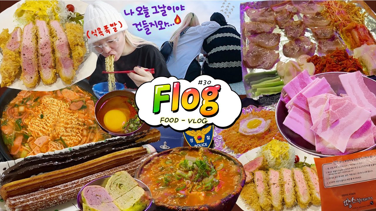 [푸로그] 세상에 경찰서에서 연락이 왔어야..?!🥺 / 특등심카츠,냉동삼겹살,땅스부대찌개,청국장,초코츄러스,연유츄러스.계란볶음밥,한강데이트vlog