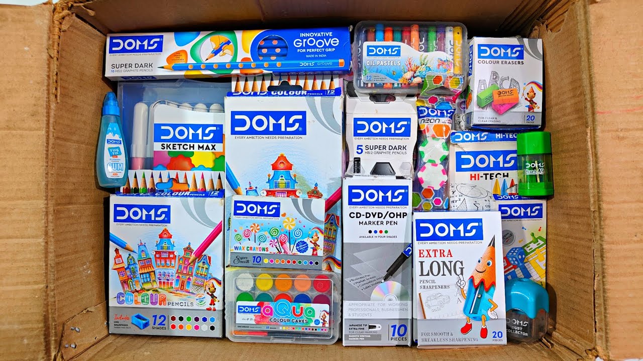 Unboxing DOMS Stationery📚, Dark Pencil, Water Colour, Wax Crayons, Market Pen, Oil Pastel, Glue, Kit