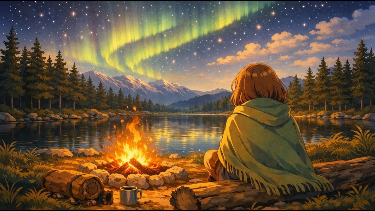 [Ambience] Ghibli Night with Aurora 🌌 | Relaxing Piano Music for Sleep & Study (4K)