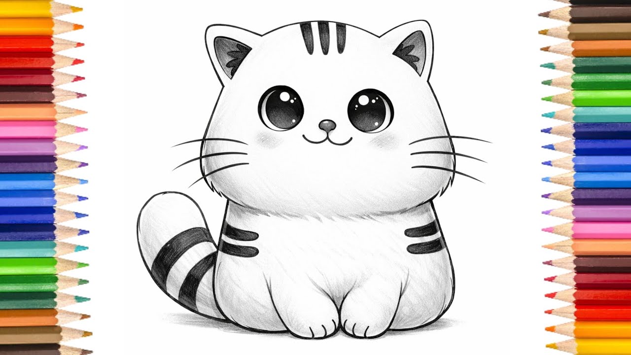 Cute Chubby Black and White Cat Drawing | Easy Pencil Drawing Tutorial for Beginners🐱