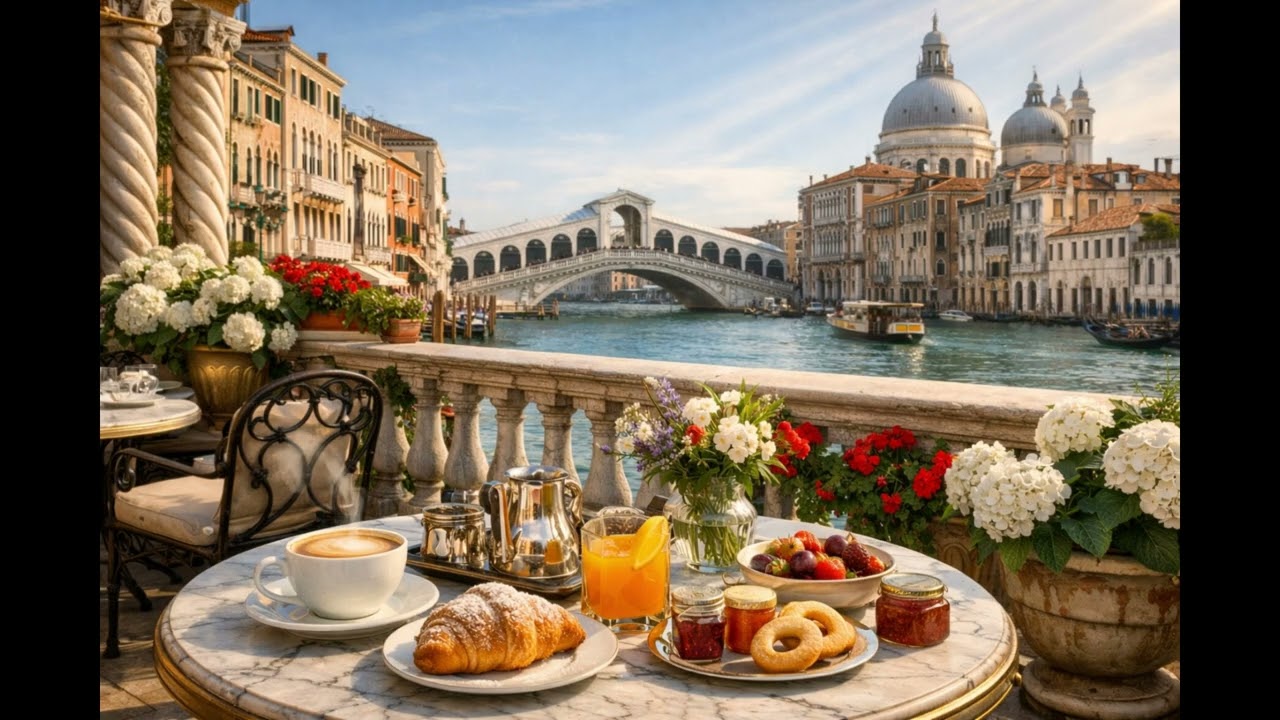 Venice Coffee Shop Jazz ☕ Relaxing Jazz on the Grand Canal | Rialto Bridge Night Ambience