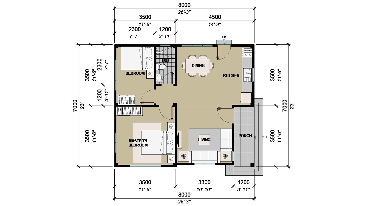 2 Bedroom Floor Plan - Simple and Small House Design Idea (8x7m/26x23ft) 56Sqm/603Sqft - No.01