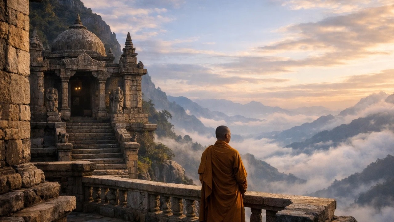 Monk Meditation at Mountain Temple Sunrise – 1 Hour of Deep Calm and Morning Stillness