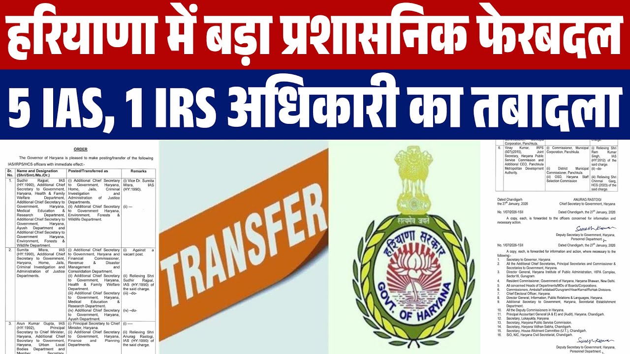 हरियाणा में बड़ा प्रशासनिक फेरबदल, 5 IPS, 1 IRS अधिकारी का तबादला