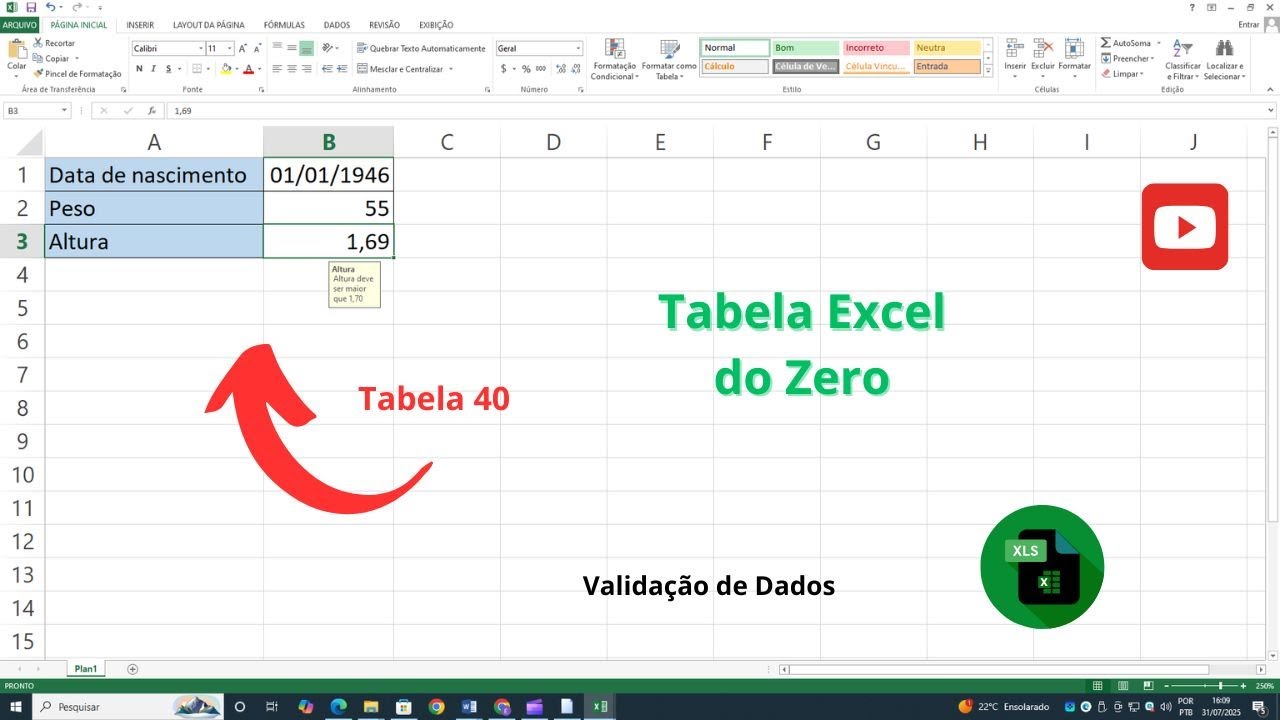 Tabela Excel do Zero - Tabela 40 – Validação de Dados – Tutorial Zero Info