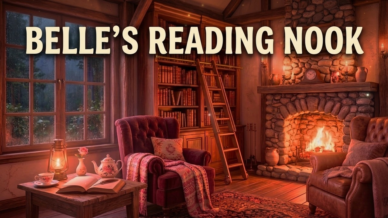 2h Disney Belle's cottage Library Ambience 📚 Soft Calm Music, fireplace glow & raining outside