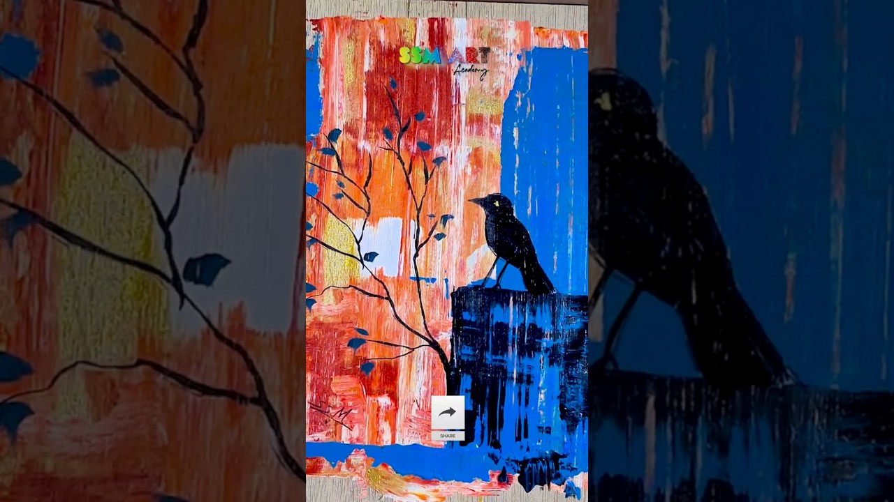 Abstract Crow Silhouette Painting on Wood | Vibrant Acrylic Artwork by SSM Art