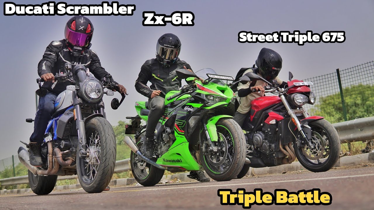 Ducati Cafe Racer 800 vs Ninja ZX-6R Vs Street Triple 675 | Triple battle