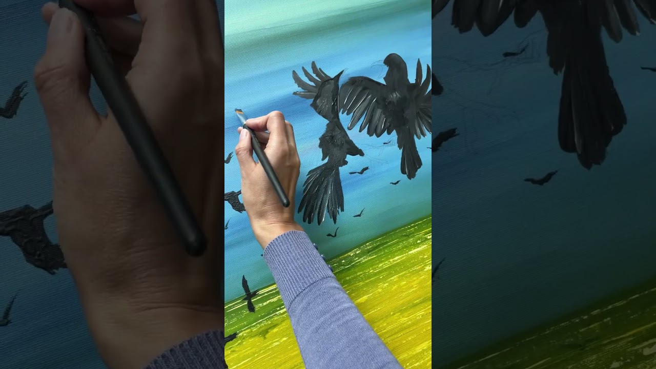 Paint with me some fighting crows #art #shorts  #acrylicpainting #tutorial #canvas #crow #halloween