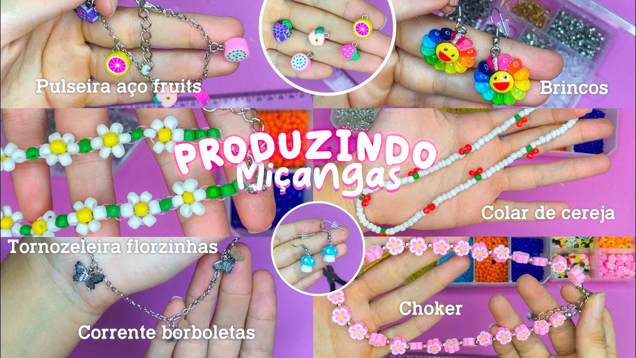 FAZENDO MIÇANGAS 💞 - colar de cereja, tornozeleira de flores, pulseira de aço e +