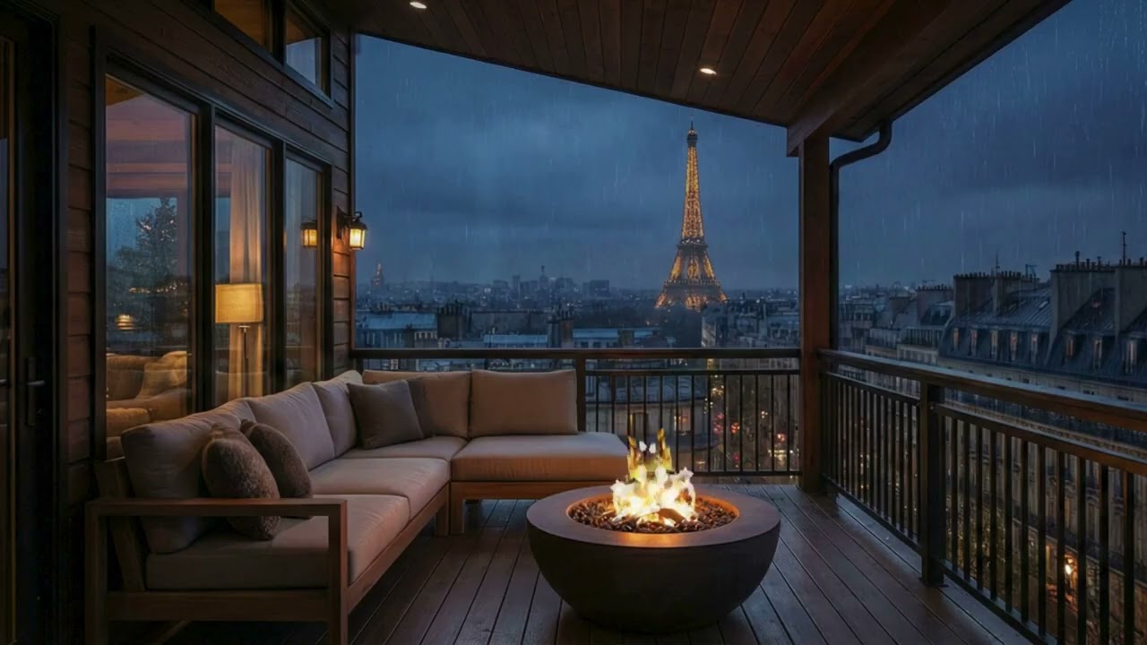 Rain & Fire Sounds in Paris 🌧️🔥 | Eiffel Tower at Night 🌙🌧️ | Rain, Fire & Cozy Balcony Ambience