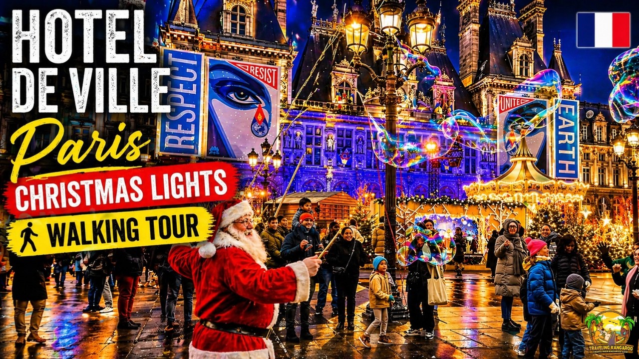 Hotel de Ville Paris Christmas Lights Walking Tour in 4K