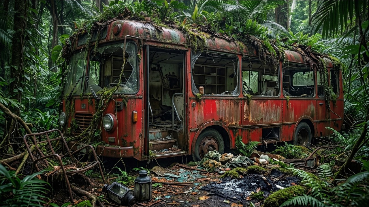 Couple Turns Abandoned Bus Into a Cozy Jungle Home - Heavy Rain ASMR