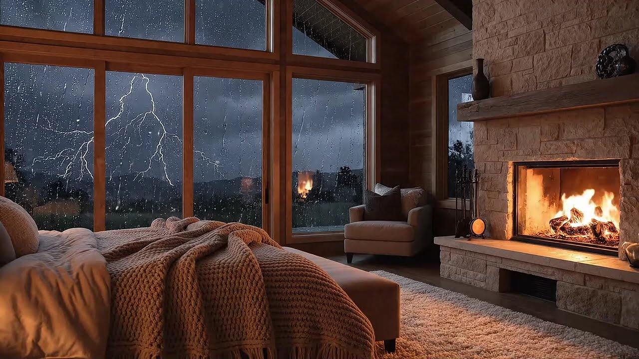 Thunderstorm in a Cozy Bedroom with Crackling Fireplace - Heavy Rain & Distant Thunder - Ambience