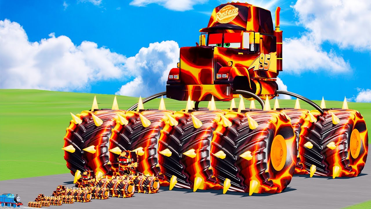 Big & Small Spider Lava Mack Glow Spiked McQueen Monster Truck vs Thomas Trains BeamNG.drive