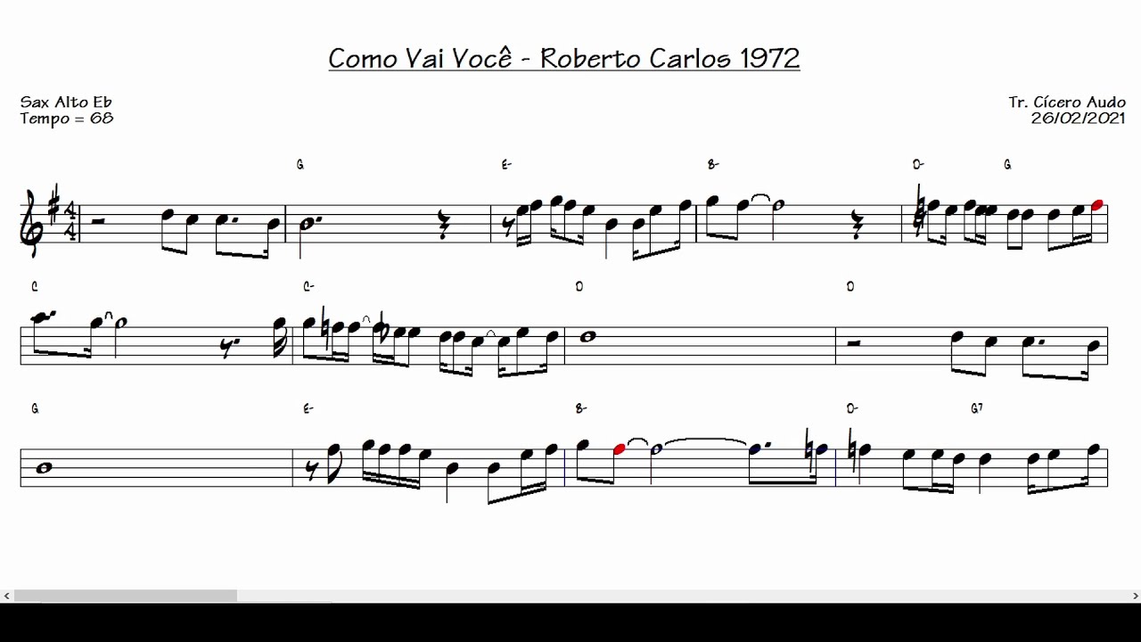 Como Vai Você - Roberto Carlos 1972 (Sax Alto Eb) [Partitura playback]