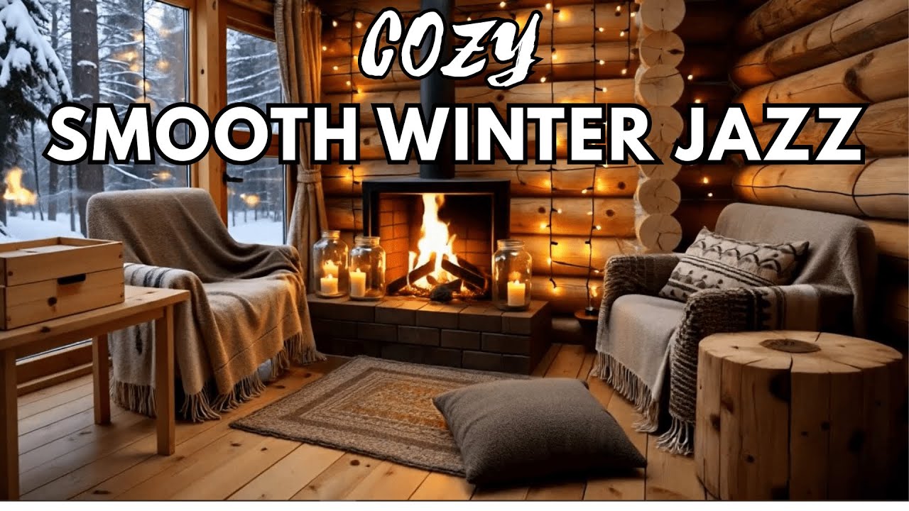 Warm Christmas Cabin Ambience | Smooth Holiday Jazz, Fireplace Crackling & Falling Snow