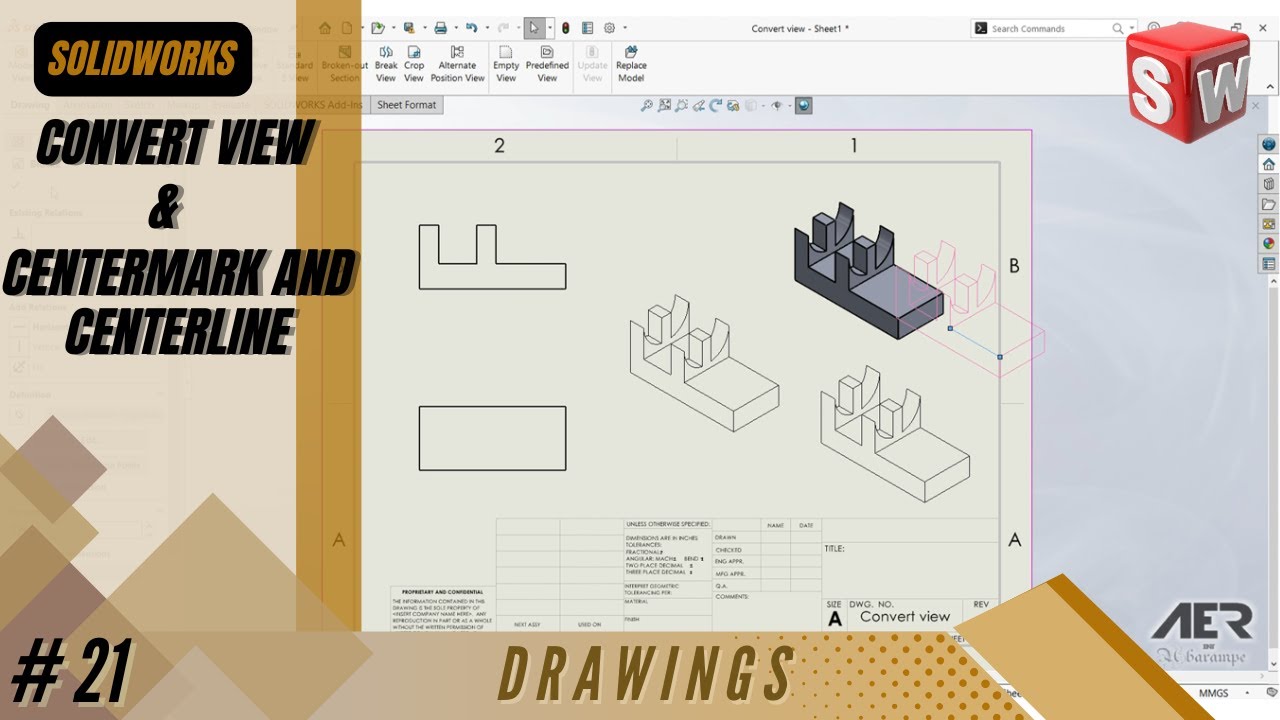Convert View & Centermark and Centerline | Solidworks Tutorial | Drawing | Stage #20 Eng - AER Int.
