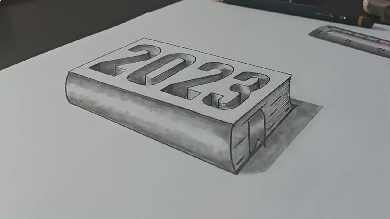رسم ثلاثي الأبعاد 2023 محفورة في كتاب بقدوم عام جديد/3D book drawing with 2023 engraved o
