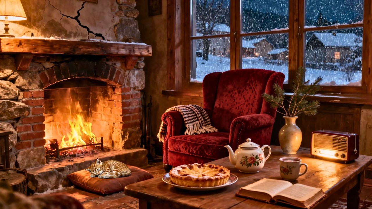 Cozy 1950s Winter Night ❄️ Oldies Playing in Another Room | Warm Fireplace Ambience