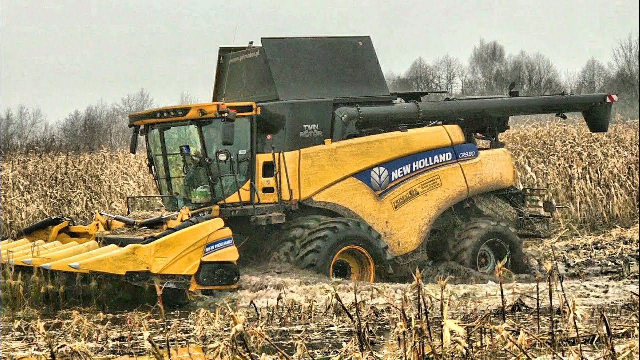 New Holland CR9.80 na bliźniakach w wodzie!!! Mokre koszenie Kukurydzy na ziarno 2017 w GR Wiszowaty