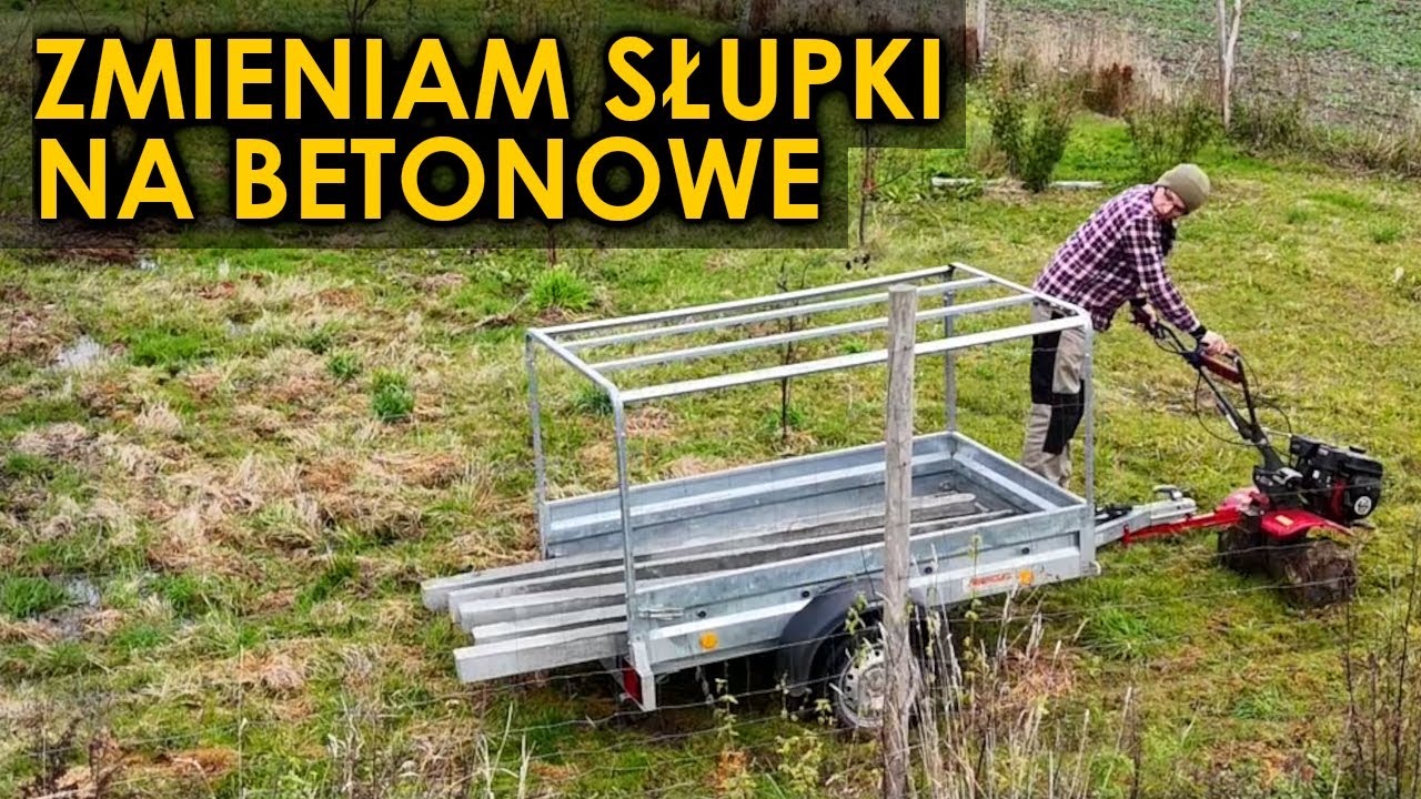 Wymieniam stare drewniane słupki na betonowe. Ciągnik jednoosiowy z przyczepką bardzo pomaga.