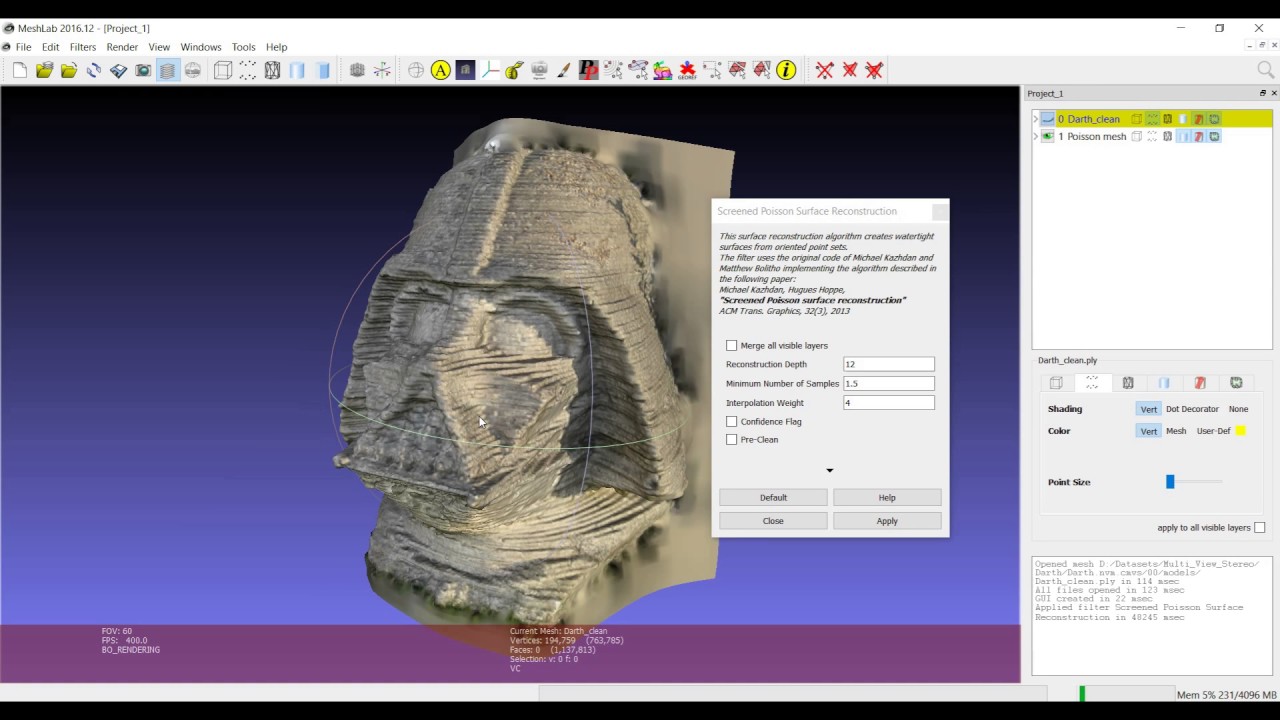 Meshlab 3D processing: Screened Poisson Reconstruction