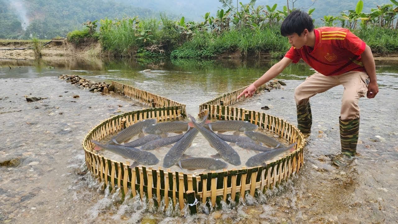 The method of fishing with bamboo proved surprisingly effective. The boy caught a lot of fish.