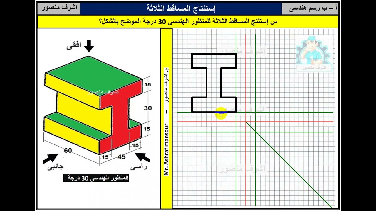 استنتاج المساقط الثلاثة من المنظور الهندسى 30 درجة