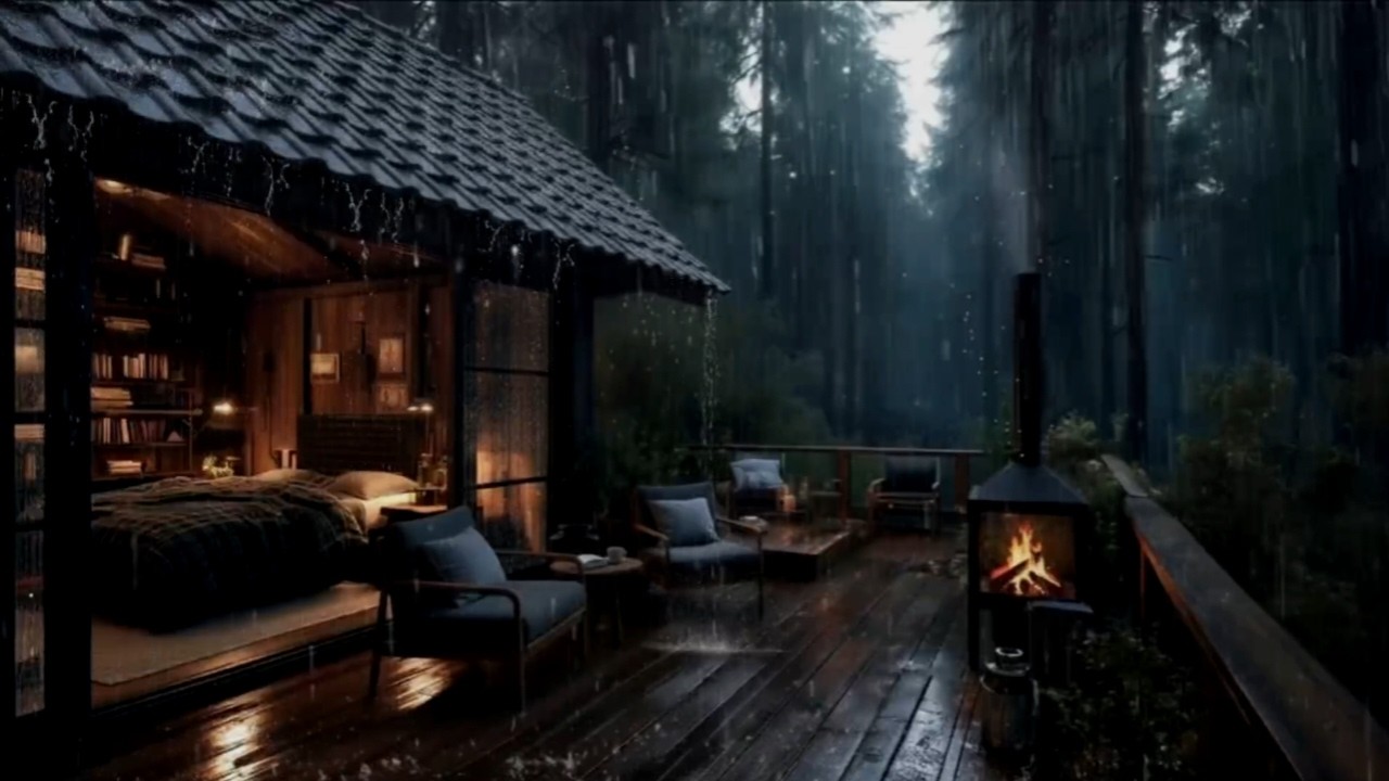 Deep Forest Rain Around a Cozy Cabin 🌨 (No Ads) | Dark Bedroom Sounds for Restful Sleep