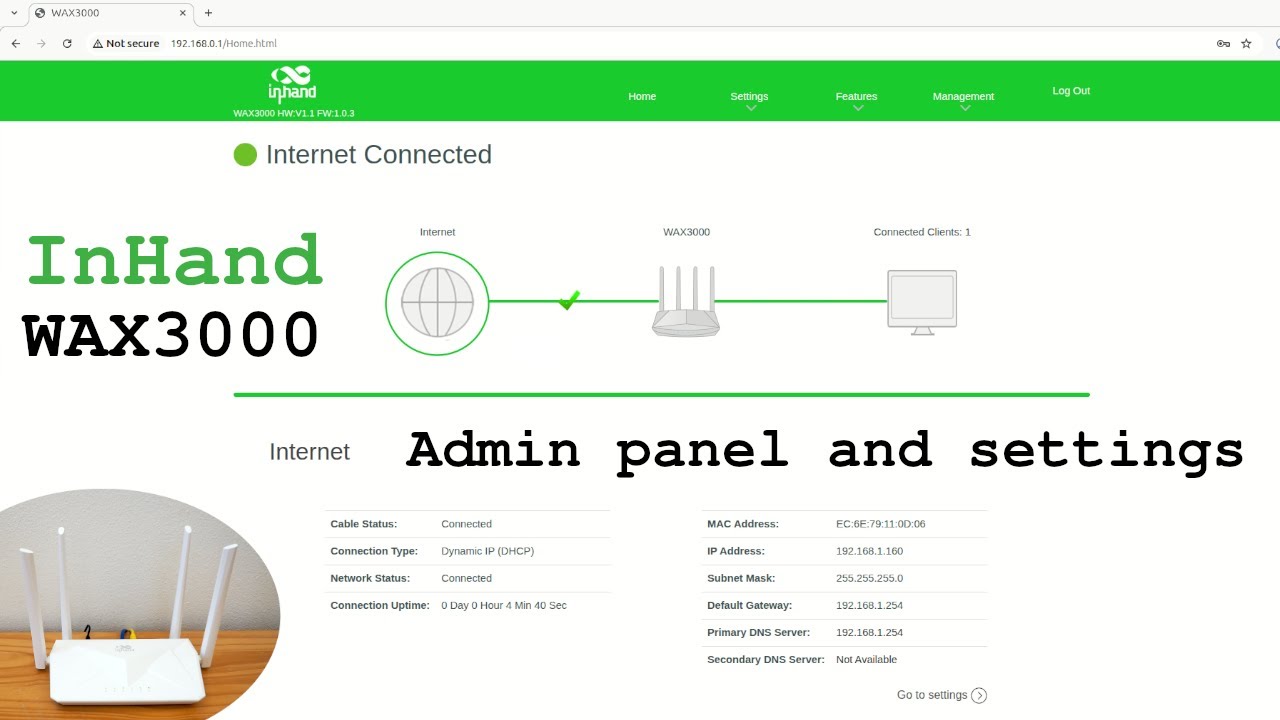 InHand WAX3000 router Wi-Fi 6 dual band • Admin panel login and settings overview