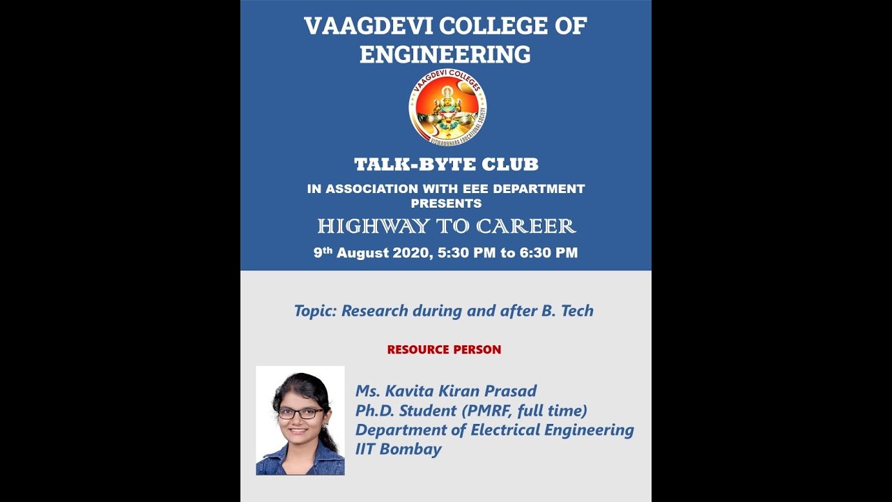 Vaagdevi TALK BYTE CLUB Highway to Career in Research by Ms  Kavita Kiran Prasad