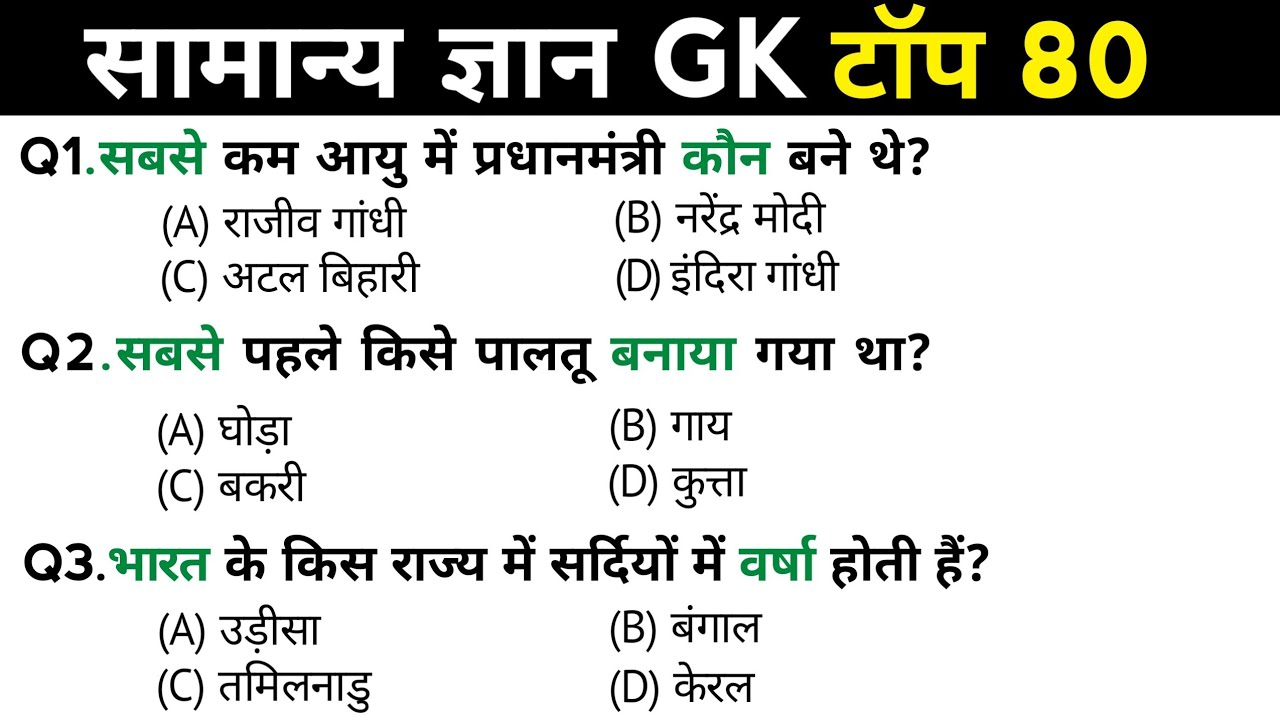 सामान्य ज्ञान | General Knowledge | Top 80 Gk GS questions | SSC GD, MTS, RPF, CRPF | GK quiz