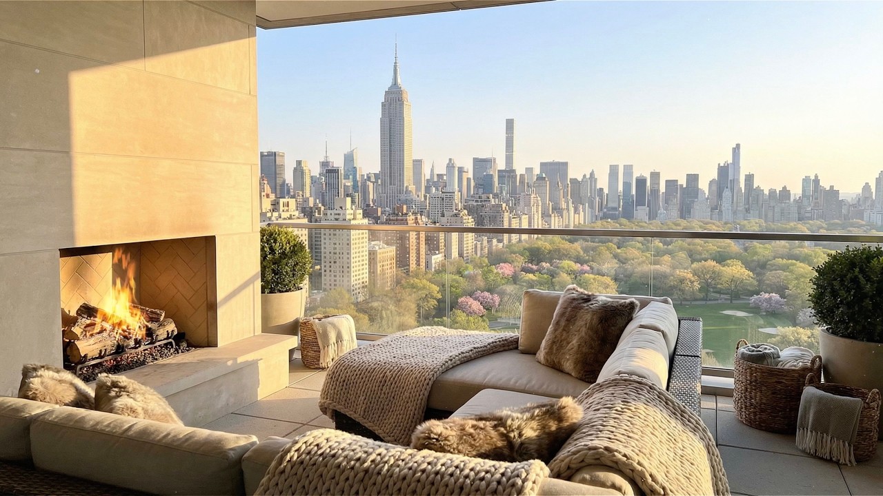 New York City Morning Spring Balcony Ambience 😌🍃🌅 (City, Fireplace Sound)