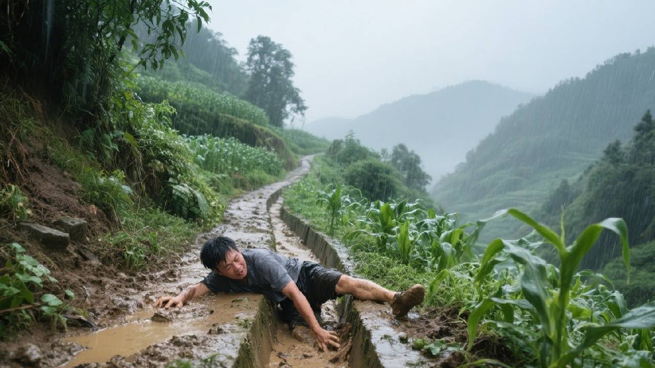 The young man accidentally fell into a drainage ditch in the field.