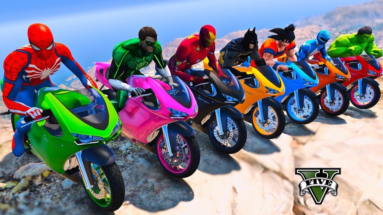SPIDERMAN RACING MOTORCYCLES CHALLENGE on MOUNTAIN MEGA RAMP, SUPERHEROES CARS JUMP STUNTS - GTA 5