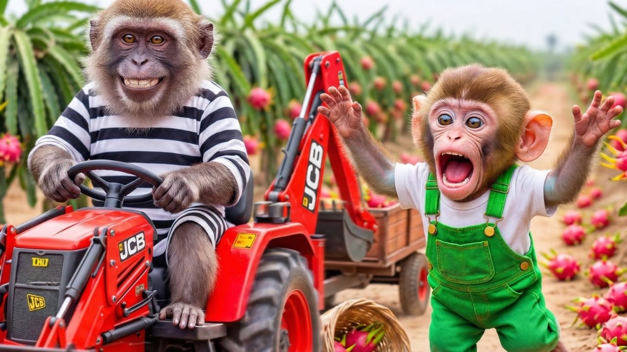Monkey Nana Drives Tractor Excavator to Harvest Dragon Fruit… But a Thief RUINS Everything! 😱🐒🚜🍈