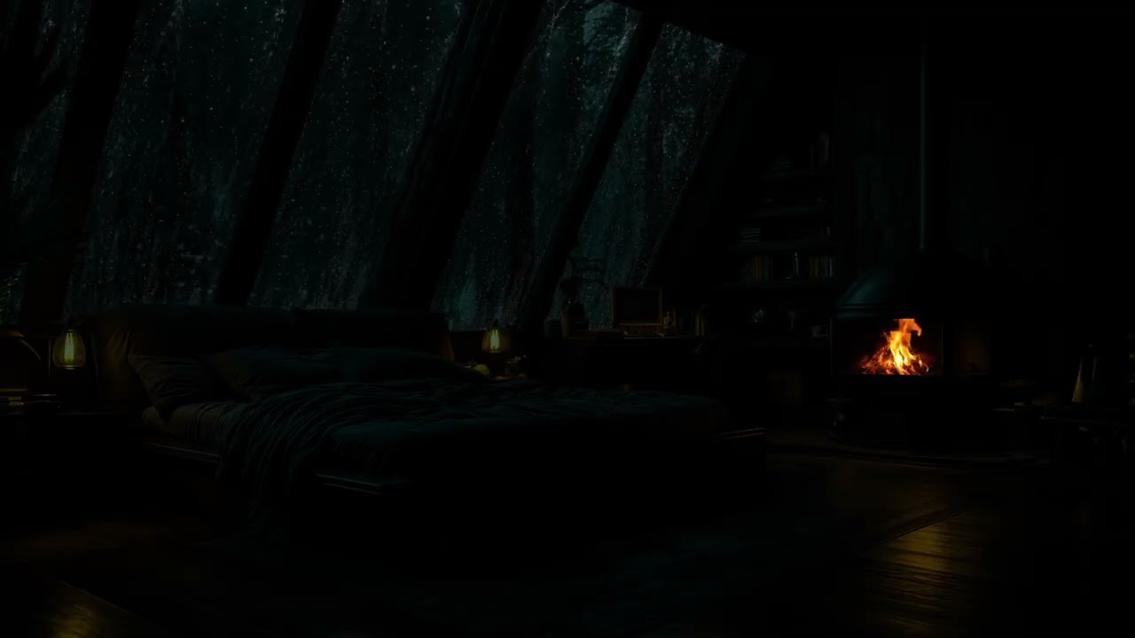 No Ads😴The Ambiance Felt From the Window of the Cabin on a Cold Rain Day | Warm, Relaxing Fireplace